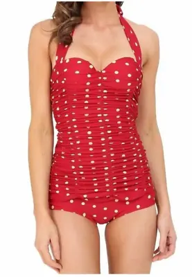 Unique Vintage Womens Ruched Mansfield One Piece Swimsuit Red/Ivory Size L-EUC • $22
