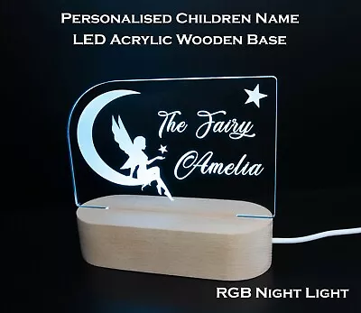 Personalized Children's Name Acrylic LED Night Light Bedside Wooden Lamp Decor • $39.95