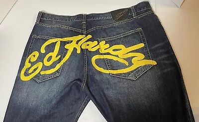 Ed Hardy 44x34 Christian Audigier Painted Spellout Denim Y2K Baggy Jeans • $79.50