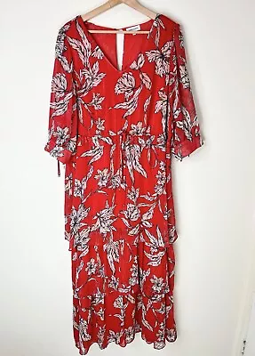 Table Eight Womens Size 16 Maxi Dress Red Floral 3/4 Sleeve Tiered Boho Ruffle • $25