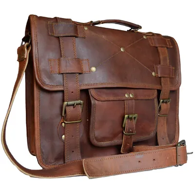 Mens Briefcase Bag Genuine Leather Brown Shoulder Crossbody Attache Case Handbag • £55.20