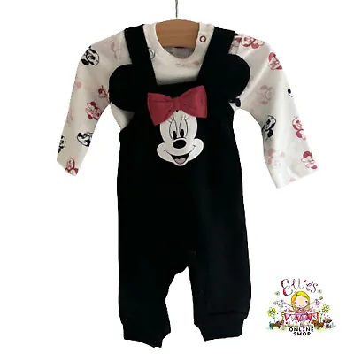 Dungarees Disney Baby Girls Minnie Mouse Outfit Set 2 Piece Bodysuit Long Sleeve • £7.19