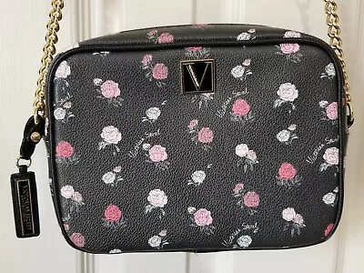 Victoria's Secret Top Zip Crossbody Bag Black Floral Logo • $15