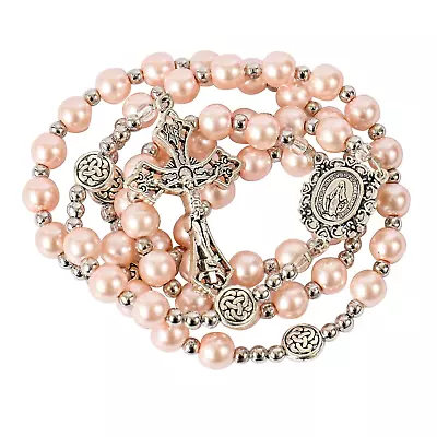 Pink Pearl Beaded Rosary Necklace With Miraculous Medal And Cross Crucifix • $16.80