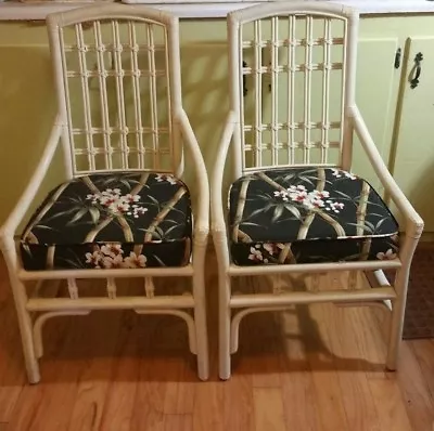 Mid Century Modern Bamboo Rattan Slipper Chairs Set Of 2 Bark Cloth Cushions?? • $499.98