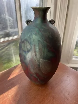 Vintage Signed Raku Studio Art Pottery Vase Green & Black 11 1/4   With Handles • $125