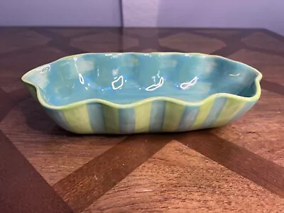 Vintage Pottery Gail Pittman Blue Green Glazed Ruffled Serving Bowl 11  • $16