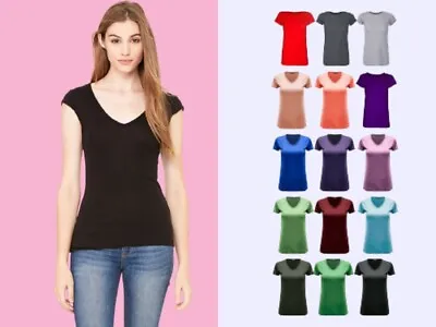 £6.49 • Buy Womens Ladies Casual Cap Sleeve Plain V Neck Basic Stretchy Jersey T Shirt