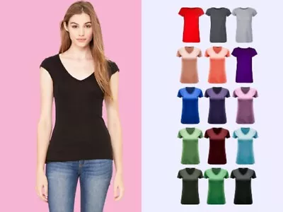 Womens Ladies Casual Cap Sleeve Plain V Neck Basic Stretchy Jersey T Shirt • £3.99