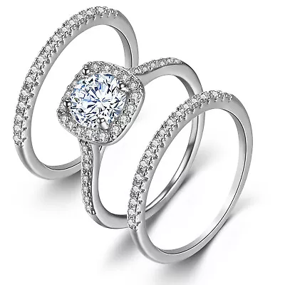 3Pcs Women Round Rings Set Zircon Engagement Ring Jewelry Chunky Bridal Wedding • $8.59