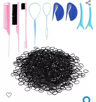 79style 1000pcs Mini Rubber Bands Black With Styling Hair Tools 2pcs Ponytail C • $5.45