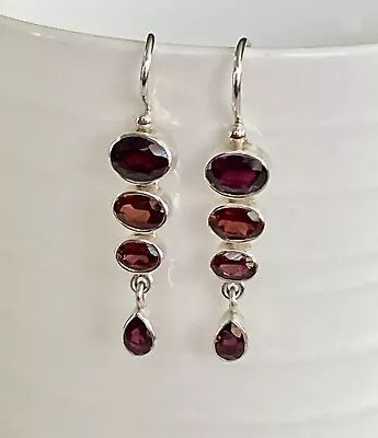 Vintage .925 Sterling Silver Red Garnet Dangle Earrings 1.75” EUC Thick Wires • $22