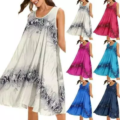 $21.59 • Buy Plus Size Women Boho Sleeveless Loose Swing Dress Beach Casual Kaftan Tank Dress