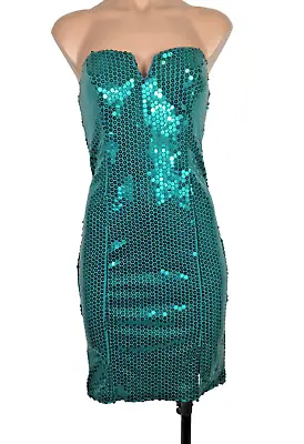 VTG 80s 90s Party Prom LA Glo MINI Sequin Wiggle Slip Bodycon TEAL Dress 3/4 • $70