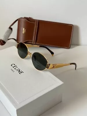 Celine CL40235U Triomphe Metal Sunglasses With Gold Frame And Green Lenses • $190
