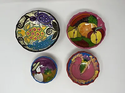 Folk Art Mexican Pottery  Hand Painted Footed Bowls.  Set Of 4 Salsa  Bowls • $32.99