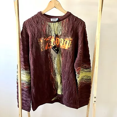 Vintage COOGI Cotton Mens Jumper / Knit - BNWT - Size L - Brown / Lime - 1990s • $300