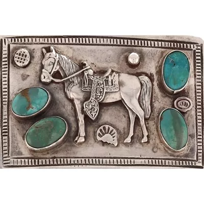 Sterling Silver Turquoise Horse Native American Handmade Vintage Belt Buckle • $2235