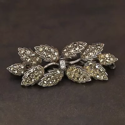 VTG Sterling Silver - ART DECO Marcasite Pave Leaf Brooch Pin - 9.5g • $3.55