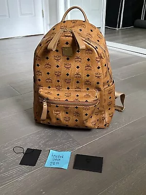 MCM Stark Monogram Logo Backpack In Visetos Cognac Size Medium • $449.99