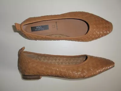 M & S Marks And Spencer Womens Tan Brown Leather Flat Ballerinas Shoes Size 4.5 • £18.99