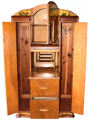 Vintage Art Deco Waterfall Cedar Interior Chifforobe/Armoire Wardrobe With Desk • $1595.95