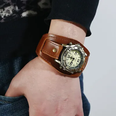 Vintage Retro Leather Cuff Bracelet Wide Band Steampunk Mens Quartz Wrist Watch • $12.97