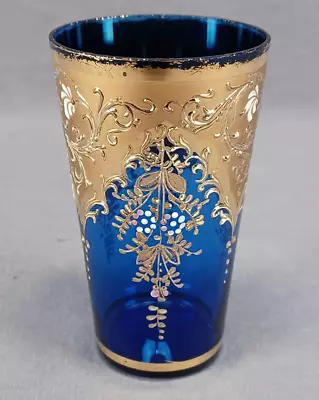 Bohemian Moser Type Hand Enameled Floral & Gold Scrollwork Cobalt Juice Glass C • $295