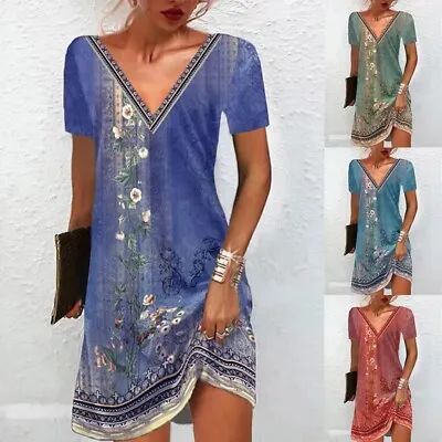 Women's Boho Floral Dress Ladies Casual Midi Sundress V-Neck Short Sleeve Summer • $19.99