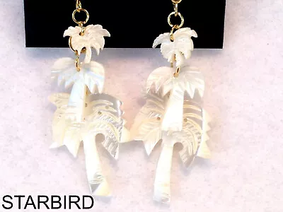 WHITE MOTHER OF PEARL CARVED PALM TREE DANGLE EARRINGS 80's VINTAGE • $15