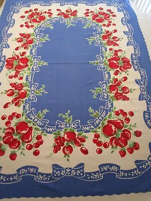 Vintage Tablecloth Marlene Linens New Fruit Cherry Apple Ribbon Bows Ribbon Bow • $85