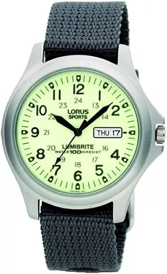 Lorus Gents Analogue Lumibrite Day-Date Grey Nylon Strap Watch Military Style. • £52.95