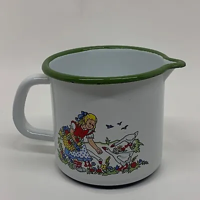 Vintage Enamel Ware Milk Pitcher Jug Girl Feeding The Geese White Green • $35