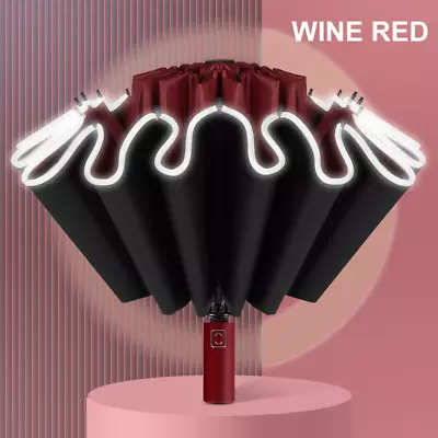 16 Ribs Men Women Large Inverted Reverse Umbrella UV Windproof Reflective Stripe • $21.95
