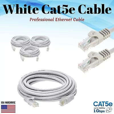 Cat5e Ethernet Patch Cable White 1.5 3 5 6 7 10 15 20 25 30 50 75 100 200 FT Lot • $3.50