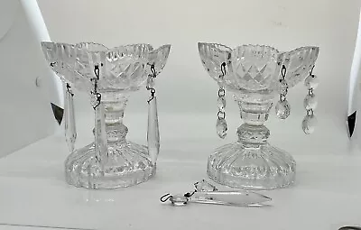 Pair Of Antique Mantle Lusters Clear Class Footed Prisms.  Sharp Edges   • $85