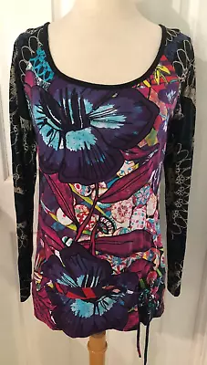 DESIGUAL Multicoloured Scoop Neck Long Sleeve Tie Hem Embellished Top M 14-16 • $48