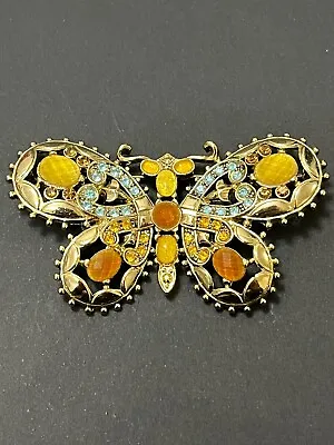 Vintage Large Butterfly Brooch Pin Rhinestones And Semi-Precious Stones • $20