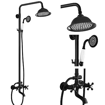 Black Bathroom Exposed Shower Mixer Tap Rain Twin Head Large Round Bar Valve Set • £95