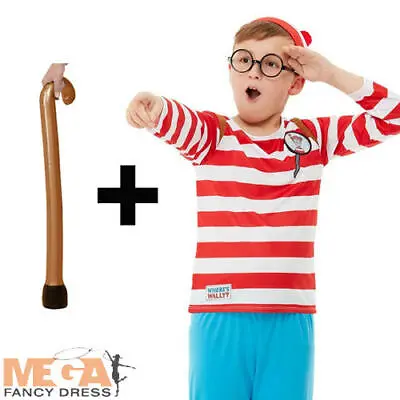 Deluxe Wheres Wally Boys Fancy Dress + Walking Stick World Book Day Kids Costume • £25.99