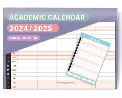 2024-2025 Calendar Academic 5 Columns Wall Monthly Planner  Family Organiser • £3.99