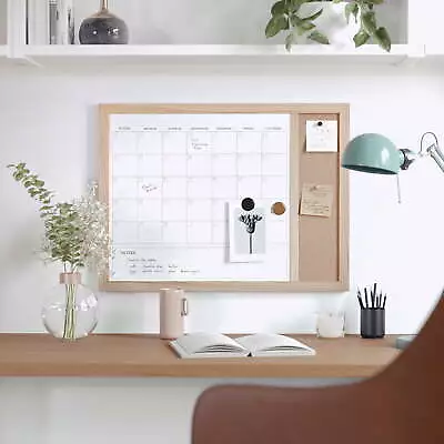 Magnetic Dry Erase Monthly Calendar And Cork Board Combo With Woodgrain Frame • $26.35