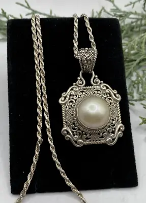 Sarda Elegant Heavy Filigree Sterling Mabe Pearl Pendant Necklace - 25.61g • $135