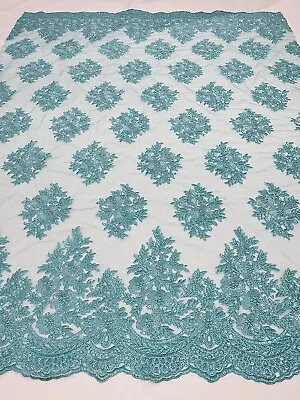 Floral Corded Embroider Sequins Glitter Mesh Lace Fabric By Yard. Aqua • $29.99