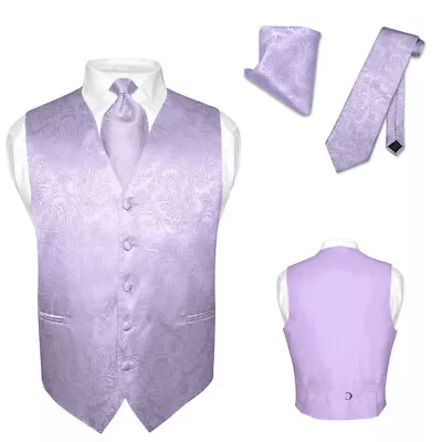 Men's Dress VEST NeckTie For Suit Tux LAVENDER Purple PAISLEY Design Tie Hanky M • $25.95