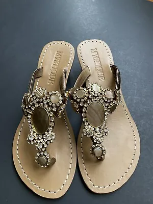 Mystique Crystal Jeweled Gold Leather Thong Wedge Sandals Sz 5 • $78