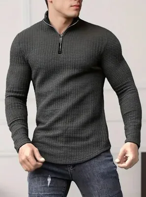 New Men's Spring And Autumn Winter Solid Color Jacquard Waffle Zipper Stand... • £26.99