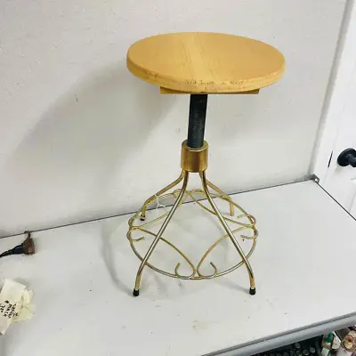 Vtg MCM Gold Metal Base Adjustable Height Stool Swiveling Wood Top Piano 19” -HN • $60