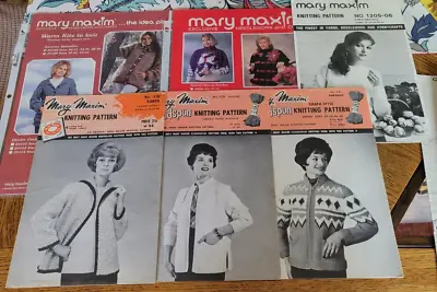 Lot Of 6 MARY MAXIM KNITTING PATTERNS Cable Crew Neck Sweater Jacket Coats +++ • $11.40