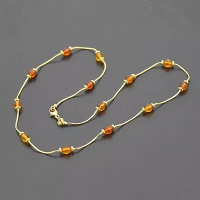 Brand New 18ct 750 Yellow Gold Necklace With Natural Amber Beads Not Scrap • £648.29